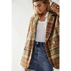 Free People Wool Mari Tartan Plaid Blazer Winter Wheat Large Dark Academia thumbnail 5