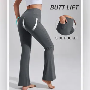NEW Gray Flare Yoga Pants Bootcut Leggings Pockets High Waist Tummy Control S thumbnail 5