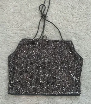 Molly Green Sparkle Crop Top Womens Medium Silver New Sequin Halter Tie Back‎ thumbnail 1