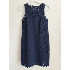 J.Crew Navy Blue‎ Laser Cut Shift Eyelet Dress Lined Sleeveless Womens Size 2 thumbnail 5