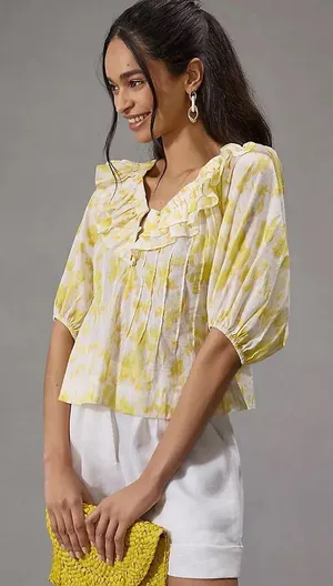 Maeve‎ Anthropologie Yellow Off-The Shoulder Ruffled Swing Puff Blouse Large thumbnail 1