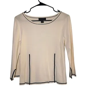 Pointelle White Black Trim Long Sleeve Dressy Formal Blouse Women Sz S thumbnail 1