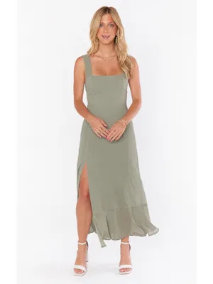Show Me Your Mumu NWOT Claire Midi Dress Sage Green Tie Strap Side Slit Dress S thumbnail 2