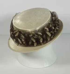 Vintage Ladies' Ivory Satin Hat with Brown Leaf Detail thumbnail 1
