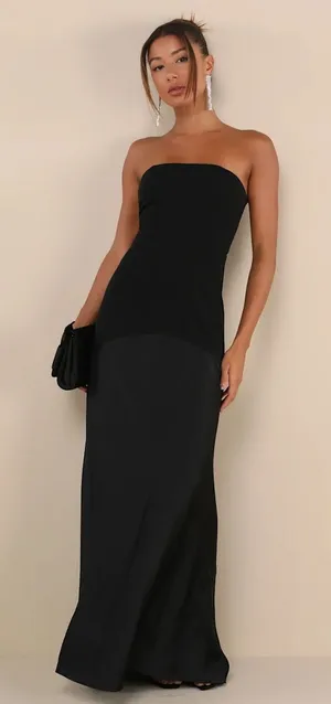 NWT Lulus Compelling Style Black Strapless A-Line Maxi Dress Wedding Prom Sz L thumbnail 1
