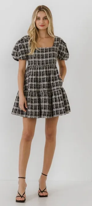 English Factory Colorful Tweed Square Neck Puff Sleeve Babydoll Dress Black Multi thumbnail 1