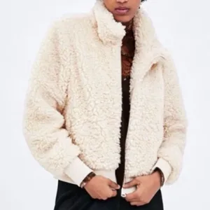 Zara TRF Ivory Cream Faux Fur Cropped Zip Up Sherpa Teddy Bomber Jacket Size S thumbnail 6