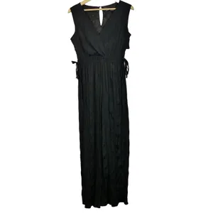 Zara Jumpsuit Womens M Black Sleeveless V-Neck Wrinkled Satin Effect Wide Legs thumbnail 4