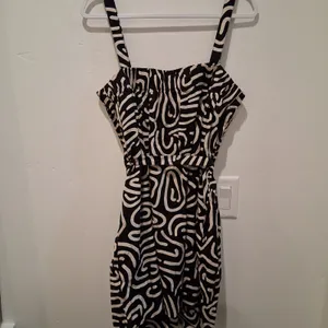 Banana Republic Factory Linen Blend Mini Dress Abstract Black/Beige sz M Pockets thumbnail 12