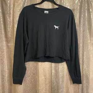 PINK Victorias Secret Black Pink Logo Cropped Long Sleeve Top, M thumbnail 1