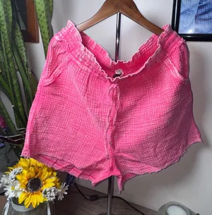 Zenana Washed Double Gauze Frayed Hem Drawstring Shorts with Pockets, Fuchsia thumbnail 1