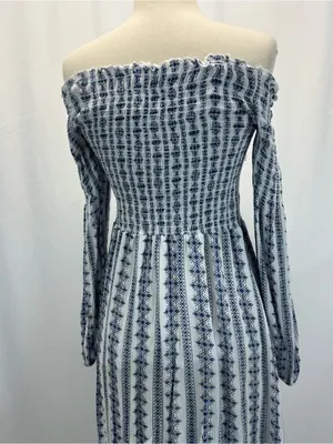 Altar'd State White and Navy Smocked Off-Shoulder Maxi Dress L Boho Cottagecore thumbnail 7