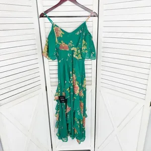 Lulus Romantic Love Floral Chiffon Ruffle Cold Shoulder Midi‎ Dress Green XS thumbnail 11