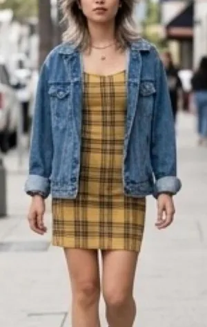 Y2K Mustard Yellow & Black Plaid Mini Slip Dress 90s Schoolgirl S/M thumbnail 1