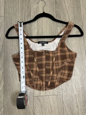 Brown Plaid Crop Top Hook and Eye Front Size Small | Grunge thumbnail 8