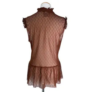 Faded Glory Vintage 2000's L top blouse brown sheer mesh top ruffle embroidered cottage core thumbnail 3