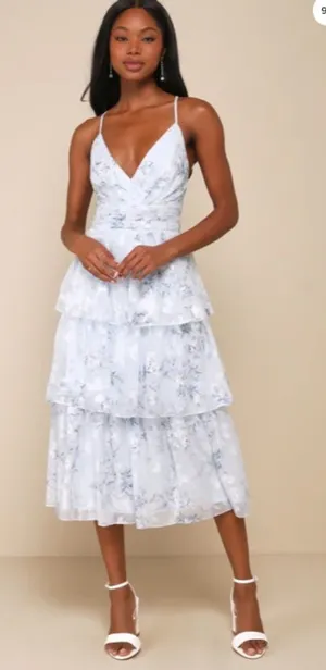 LULU's Floral Sexy Flowy Prom Wedding Chic Tiered Ruffles Corset Back Midi thumbnail 1