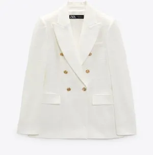 Zara blazer jacket textured double breasted white golden buttons office casual thumbnail 5
