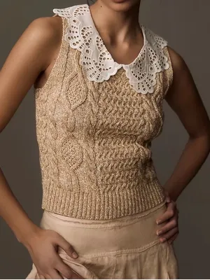 Anthropologie Lace-Trim Peter Pan Collar Tan White Knit Tank size Small thumbnail 1