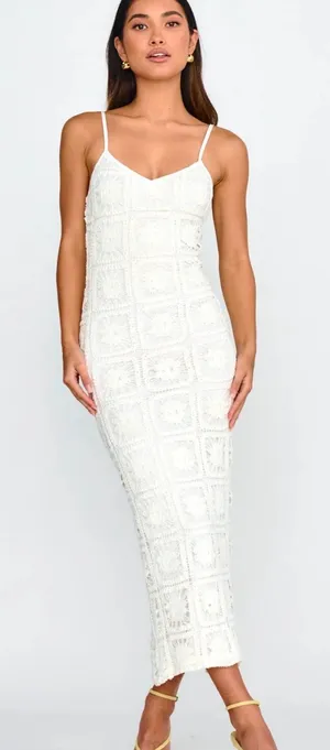 Here Comes the Sun Cayman Sunset Crochet Midi Dress White Beachy Vacation Ready Feminine Brunch thumbnail 1