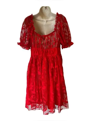 SBetro Plus 1XL Red Lace Overlay Puff Sleeve Sweetheart Mini Dress Coquette NWT thumbnail 2