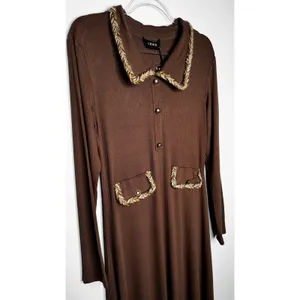 Cider 2020s Brown Ribbed Midi Dress Gold Trim Stretch NWT Large thumbnail 15