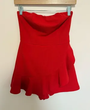 Call Me Up Red Ruffled Strapless Skort Romper thumbnail 2