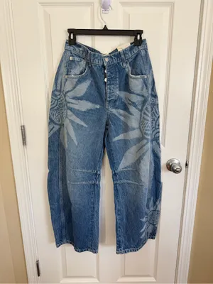 Free People We The Free Good Luck Printed Barrel Jeans in Sun Fade 27 thumbnail 2