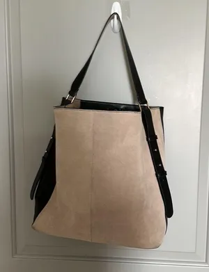 Great condition faux suede and faux leather, H&M shoulder bag, tan and black thumbnail 1