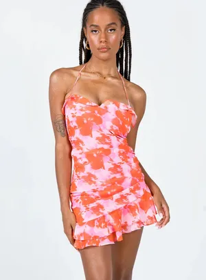 Princess Polly Yara Floral Halter Mini Dress Orange Pink thumbnail 2