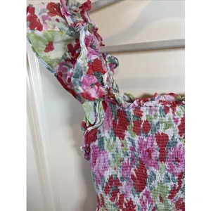 Entro Floral Smocked Mini Dress | Pink Ruffle Flutter‎ Sleeve Square Neck Large thumbnail 3