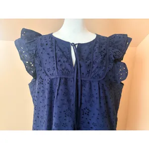 J.Crew Eyelet Shift Dress‎ Womens Size 16 Navy Blue Excellent Ruffle Tie-Neck thumbnail 7
