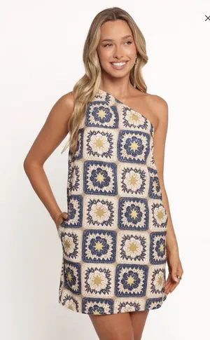 NWT Seven Wonders Rowena One‎ Shoulder Mini Dress XL Celestial Sun Patchwork thumbnail 1