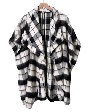 Lucky Brand Wool Oversized Plaid Shawl Poncho Cardigan Sweater Black White Large thumbnail 1