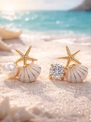 Gold Starfish & Shell Stud Earrings with White Enamel and Pearl Accent thumbnail 3