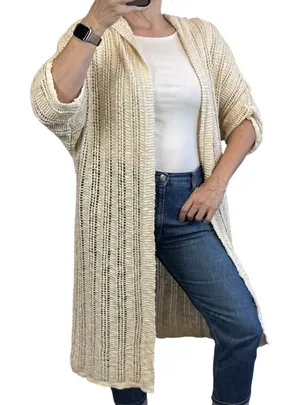 American Eagle Crochet Duster Hooded Cardigan Sweater Jacket Size M Ivory Cotton thumbnail 1