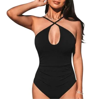 Cupshe Black Jacquard Cutout Tummy Control One Piece Swimsuit Women XS Resort thumbnail 1
