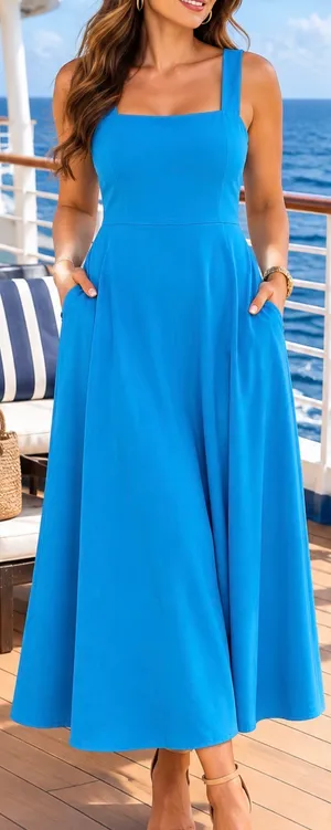 OYS~ Elegant Blue Women's A-Line Dress with Pockets. XL thumbnail 1