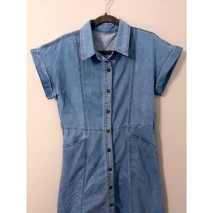 Blue Denim Short Sleeve Button Front Midi Shirt Dress Light Wash Small thumbnail 9