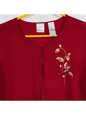 Emma James Women’s M Red Embroidered Floral Cardigan thumbnail 2