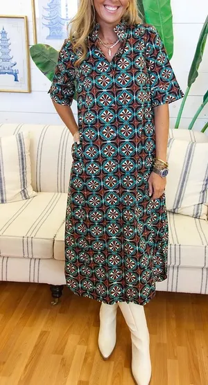 NWOT Entro Geo Melody Tile-Print V-Neck Maxi Dress Small thumbnail 1