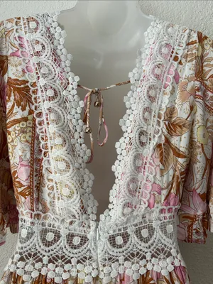 Saints + Secrets Size M Floral Crochet Trim Ruffle Tiered Maxi Dress thumbnail 6