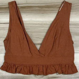 Molly Green Brown Linen Blend Tank Top Crop Ruffle Women’s Small thumbnail 1