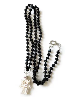 Lego Skeleton Charm on a long 36” Black Beaded Necklace. thumbnail 4