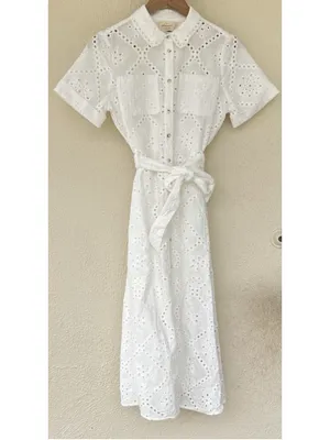 Sezane Adele Short Sleeve Embroidered Midi Dress Eyelet Collar Ecru FR 36 US 4 thumbnail 8