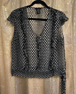 SilkLand Vintage Y2K Black White Polka Dot 100% Silk Ruffle Sheer Top XL thumbnail 1