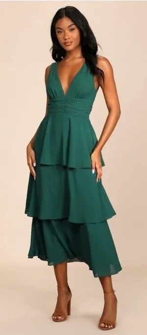 Lulus‎ Celebration Time Emerald Green Sleeveless Tiered Midi Dress Size XS thumbnail 1