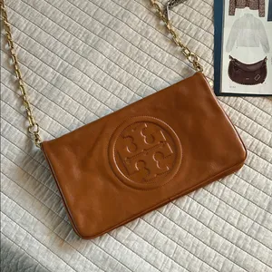 Tory Burch brown leather logo fold over gold chain rare crossbody bag​ thumbnail 1