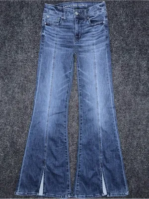 American Eagle Women’s Festival Flare Jeans Dark Wash Split Hem Seam Sz 00 Boho thumbnail 1