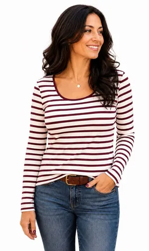 Old Navy Burgundy & White Striped Long Sleeve Top Women’s Size Large thumbnail 1